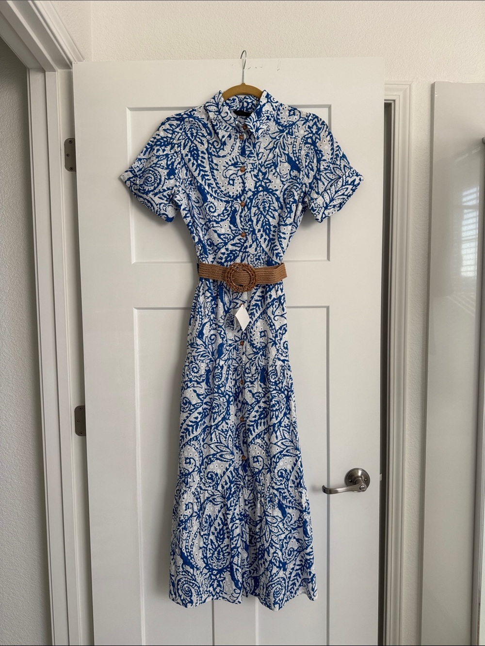 Zara Blue and White Paisley Maxi Dress with Belt
